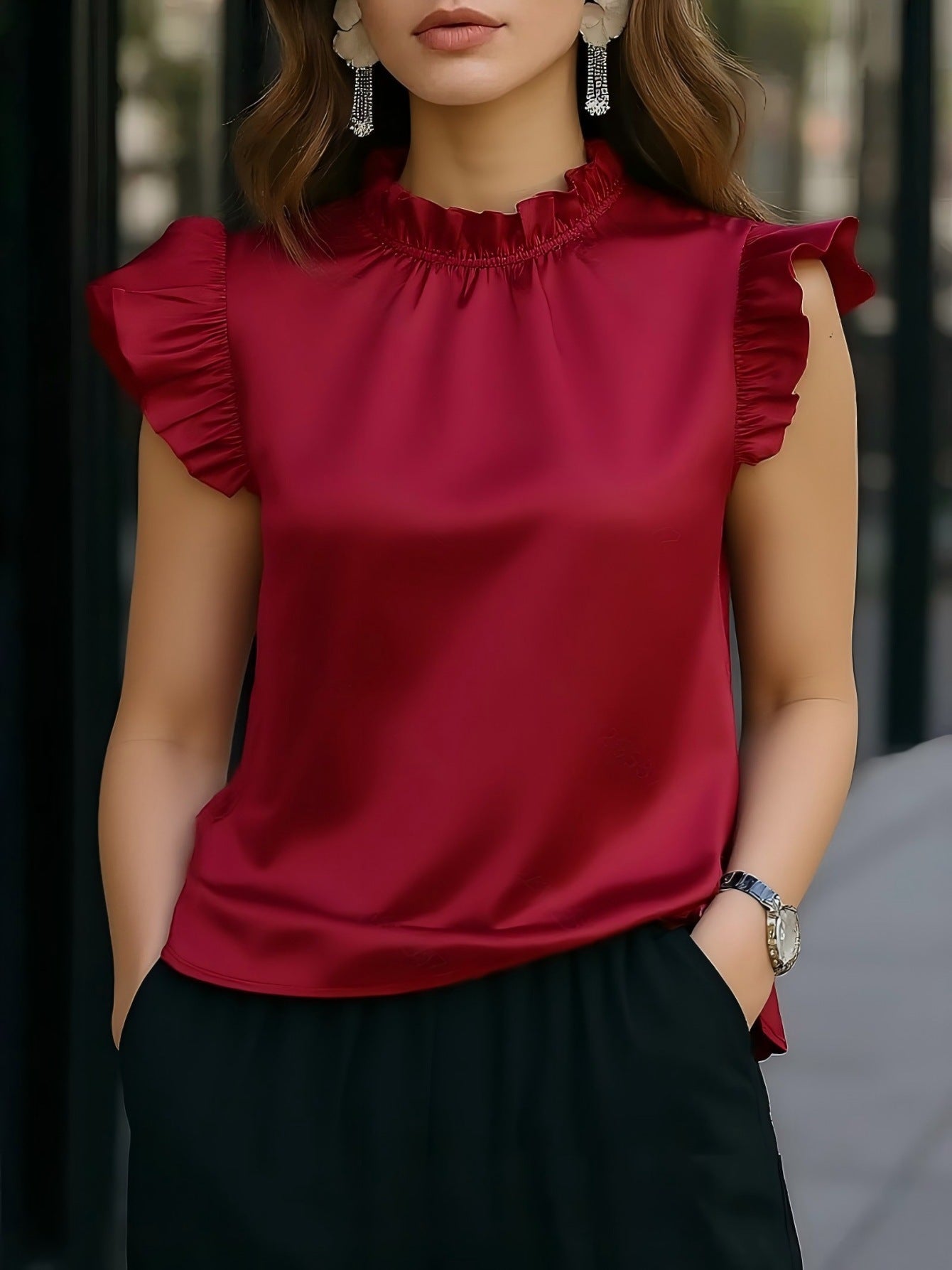 Stijlvolle Mouwloze Top Met Elegante Gegolfde Mouwen Veelzijdig En Perfect Voor Op Kantoor