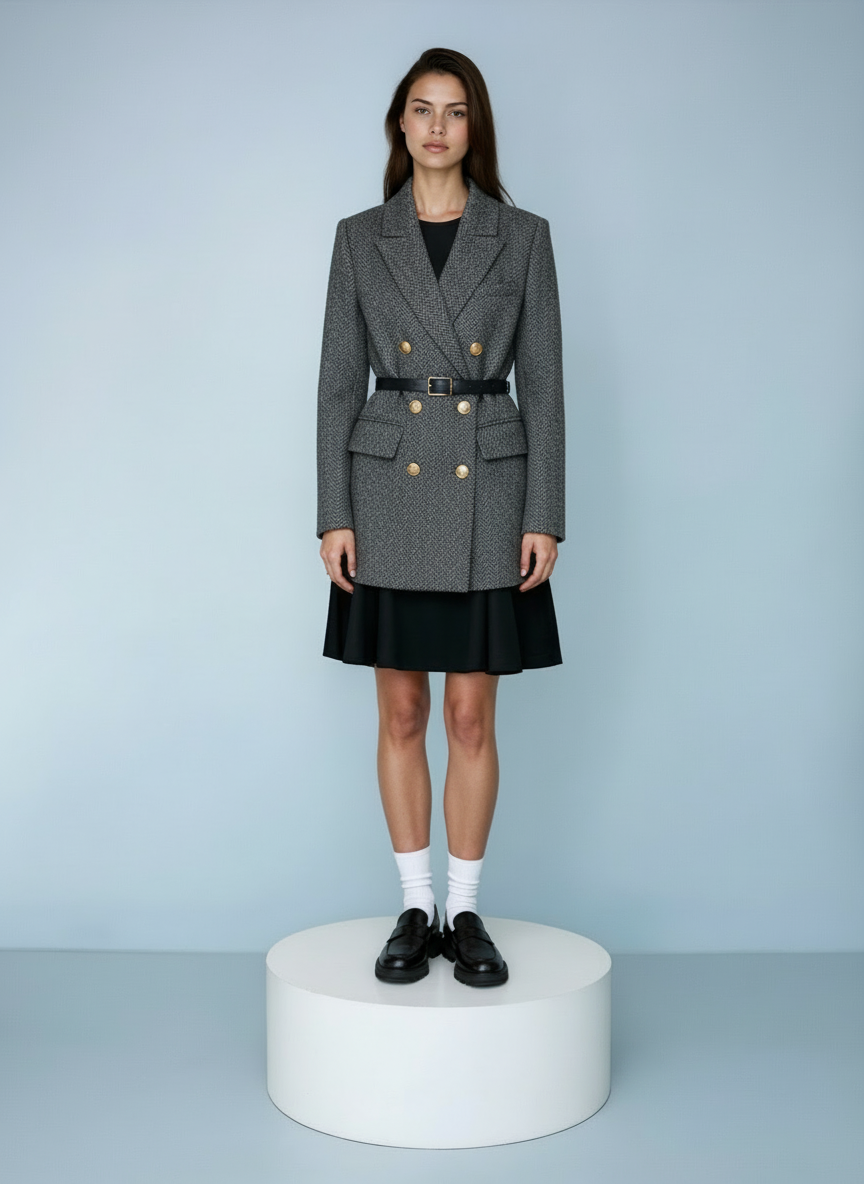 Wollen blazer met ceintuur en gouden knopen