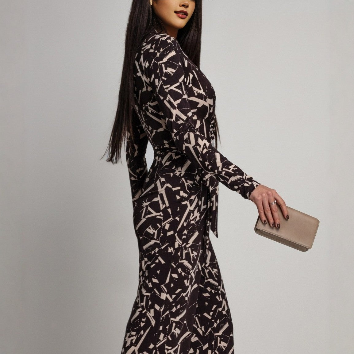 V-hals Jumpsuit met Print – Elegante Longsleeve voor Lente & Herfst