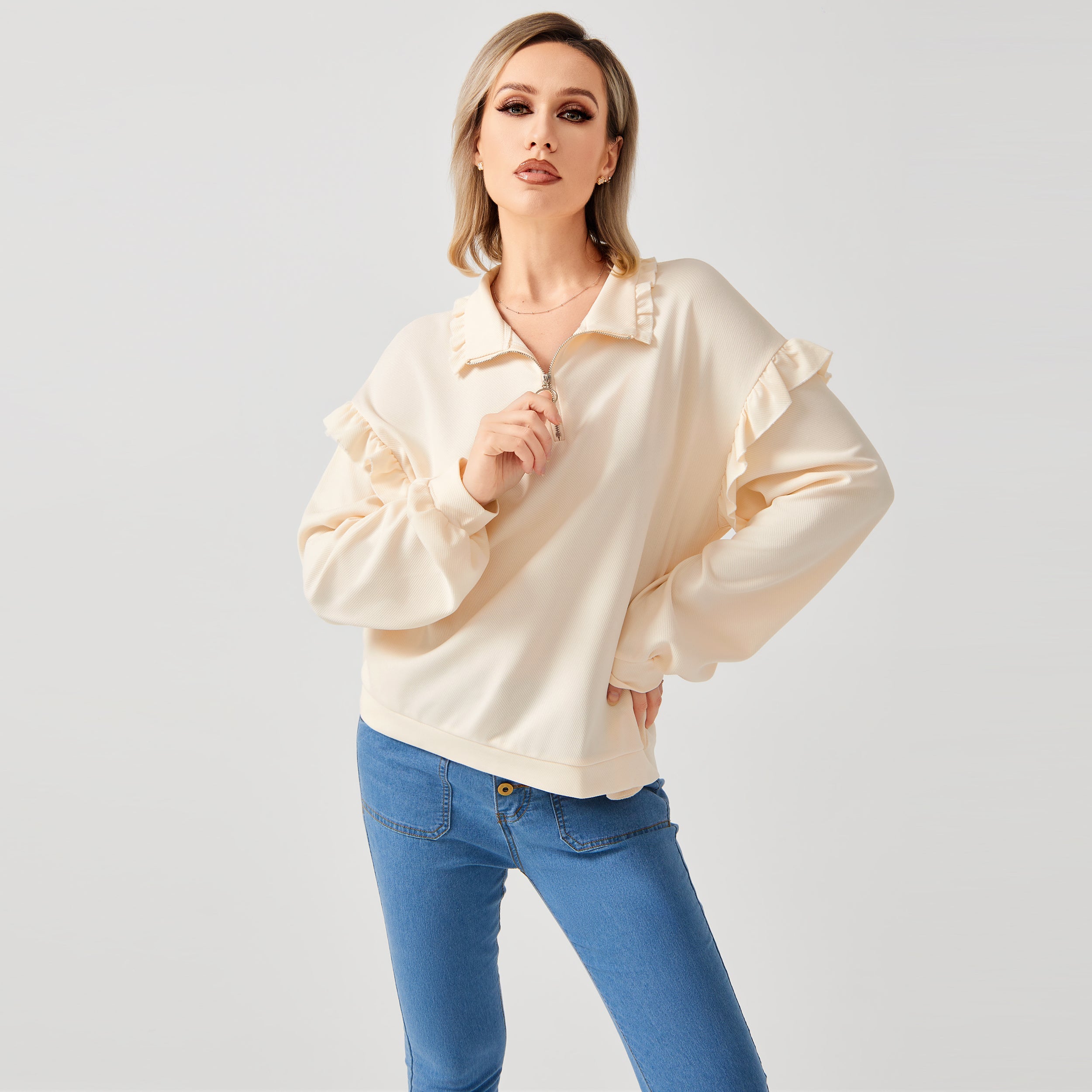 Casual sweatshirt met ruches en halve ritssluiting voor dames