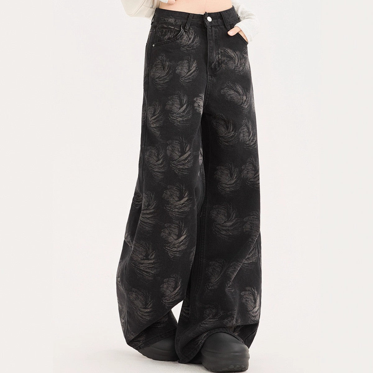 Dames loose-fit jeans met hoge taille gewassen denim met een bedrukt ontwerp