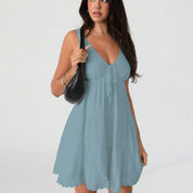 Elegante effen kleur V-hals casual all-match jurk