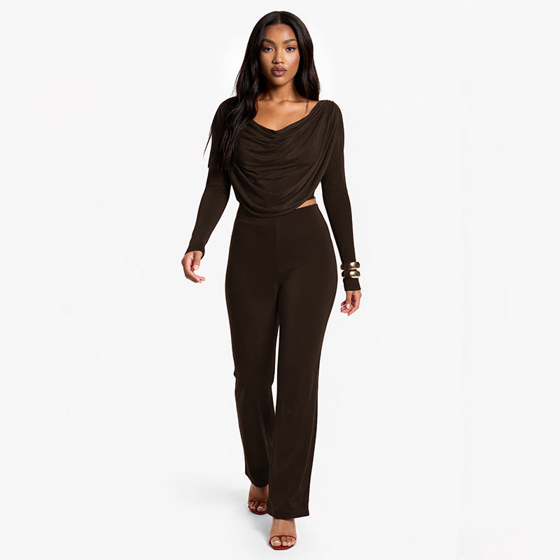 Effen Casual Boothals Top Met Lange Mouwen En Slim-Fit Broek Set