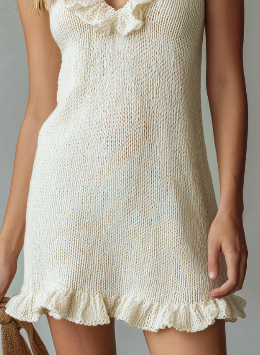 Luie en casual v-hals mouwloze ruches gebreide mini-jurk