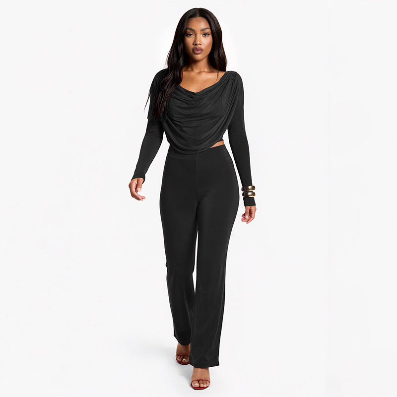 Effen Casual Boothals Top Met Lange Mouwen En Slim-Fit Broek Set