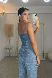 Elegante Strapless Jumpsuit - Trendy Look, Denim Stof