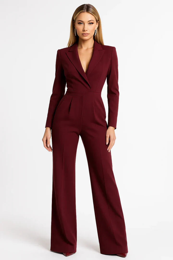 Luxe Blazer Jumpsuit met V-hals en Wide-leg Pasvorm