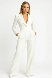 Luxe Blazer Jumpsuit met V-hals en Wide-leg Pasvorm