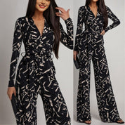 V-hals Jumpsuit met Print – Elegante Longsleeve voor Lente & Herfst