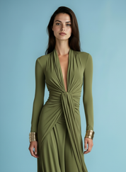 Effen kleur getextureerde elegante jurk met lange mouwen in Franse stijl