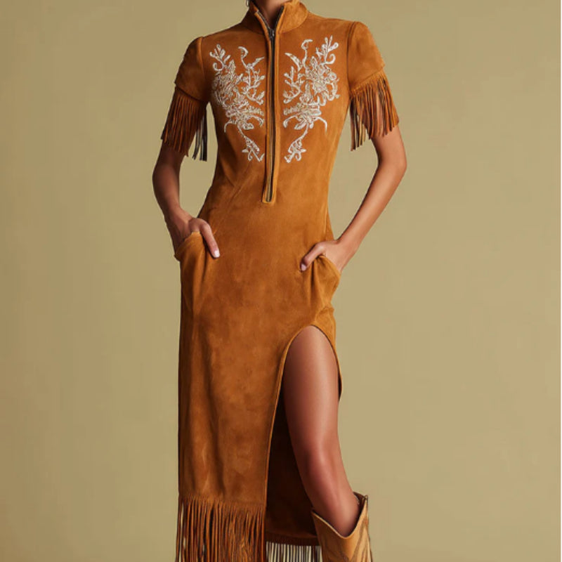 Westerse retro geborduurde bruine maxi-jurk met franjes