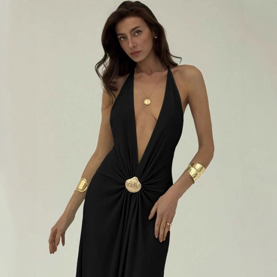 Effen Halterjurk met Gerimpelde Taille & Gedurfde Open Rug