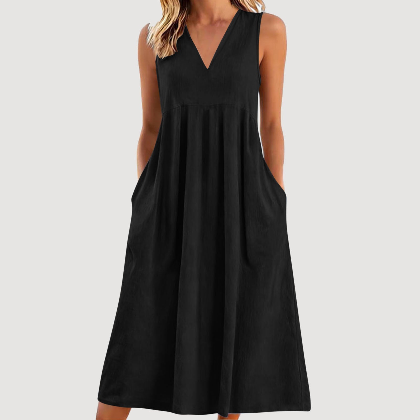 Loszittende katoenen linnen jurk met V-hals en geen mouwen