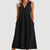 Loszittende katoenen linnen jurk met V-hals en geen mouwen