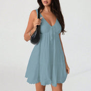 Elegante effen kleur V-hals casual all-match jurk