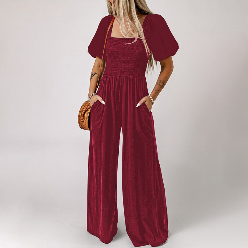 Dames jumpsuit met vierkante kraag en korte mouwen