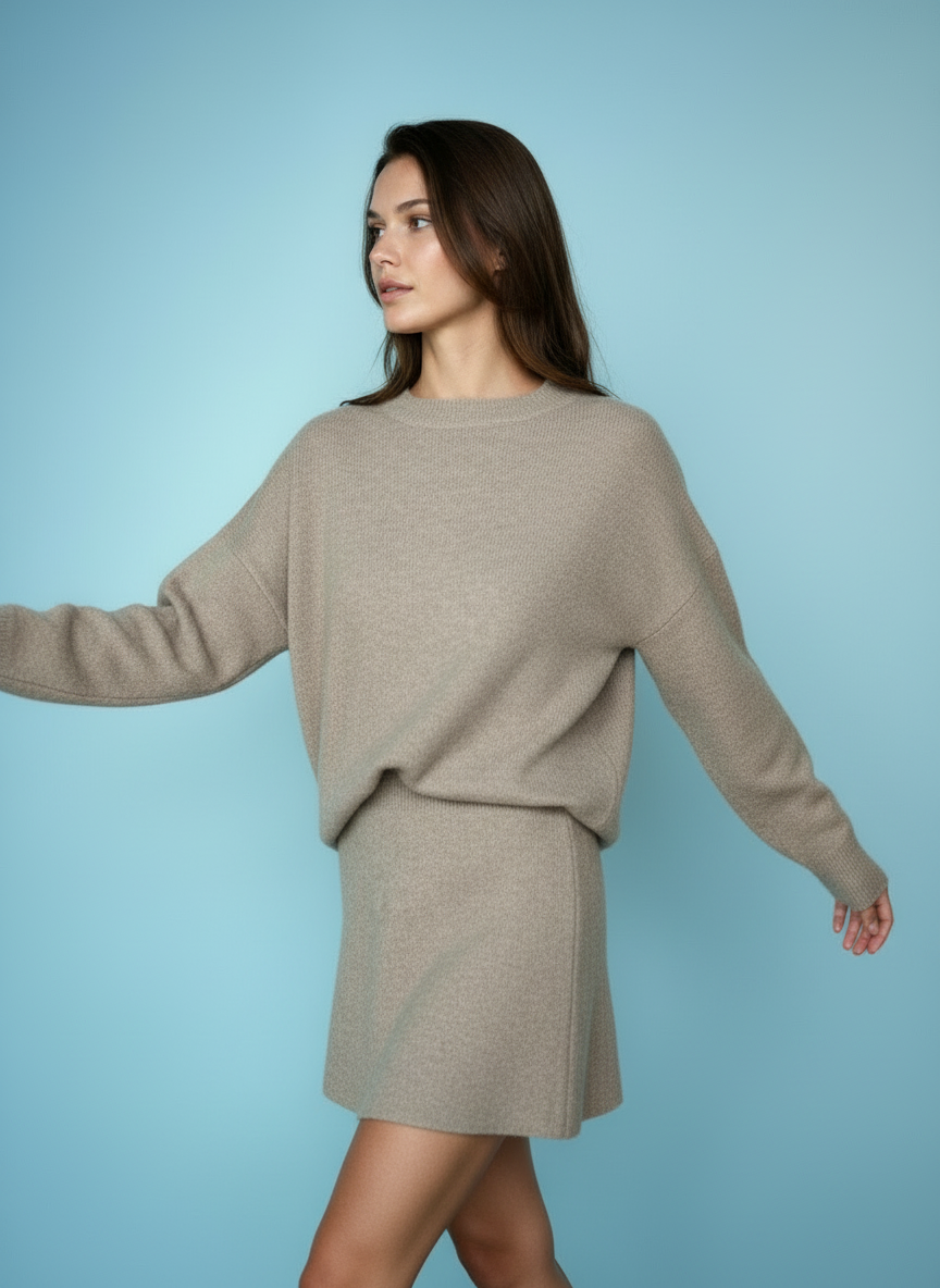 Dames Gebreide Set – Trui & Mini Rok met Hoge Taille