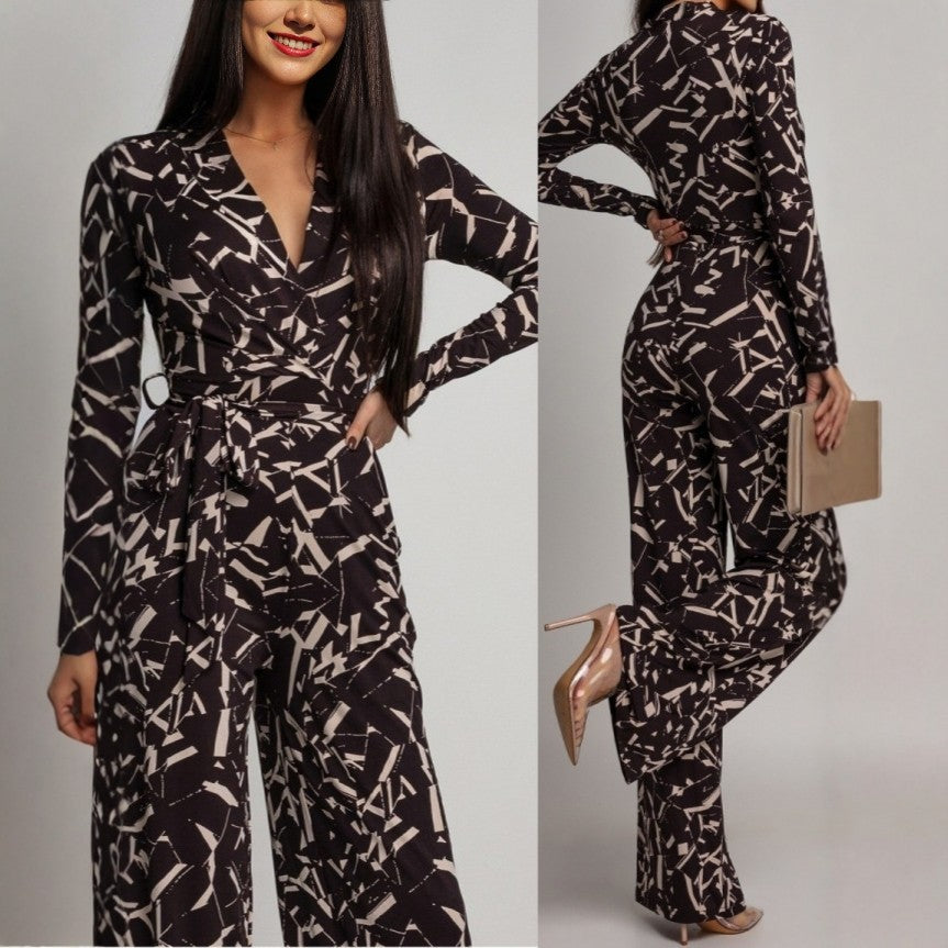 V-hals Jumpsuit met Print – Elegante Longsleeve voor Lente & Herfst
