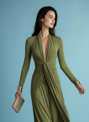 Effen kleur getextureerde elegante jurk met lange mouwen in Franse stijl