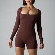 Kanten, nauwsluitende elastische bodysuit met vierkante hals en lange mouwen