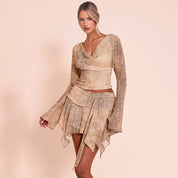 Dames V-hals lange mouwen asymmetrische minirok casual set