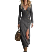 Slim-fit Denim Maxi Jurk met Knopen en Split