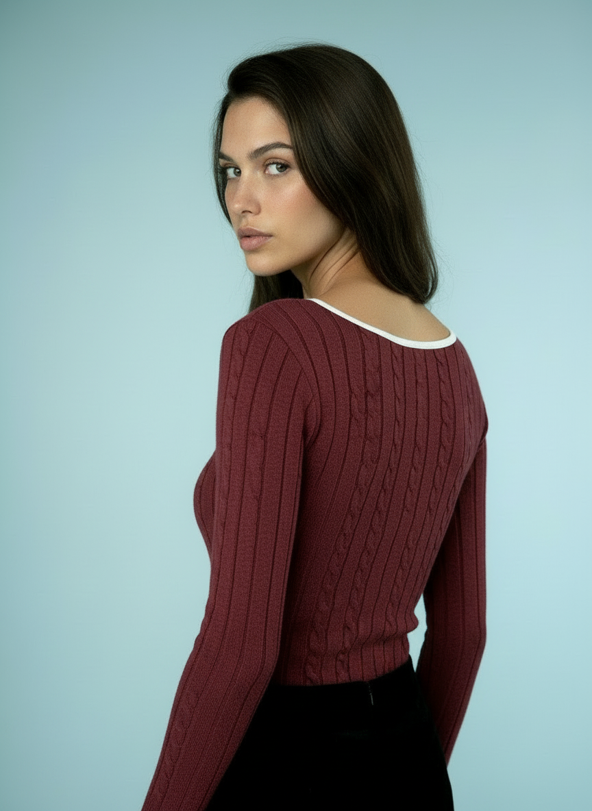 Slim-fit V-hals Trui met Contrastboord – Elegante Alledaagse Stijl