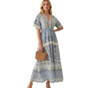 Chique V-hals bedrukte taille-cinching korte mouwen damesjurk