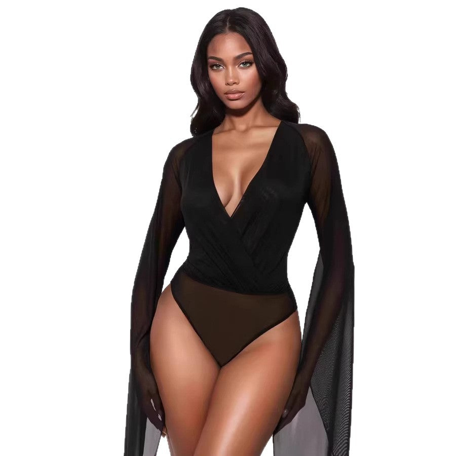 Mesh Sheer Deep-V laag uitgesneden mini-bodysuit
