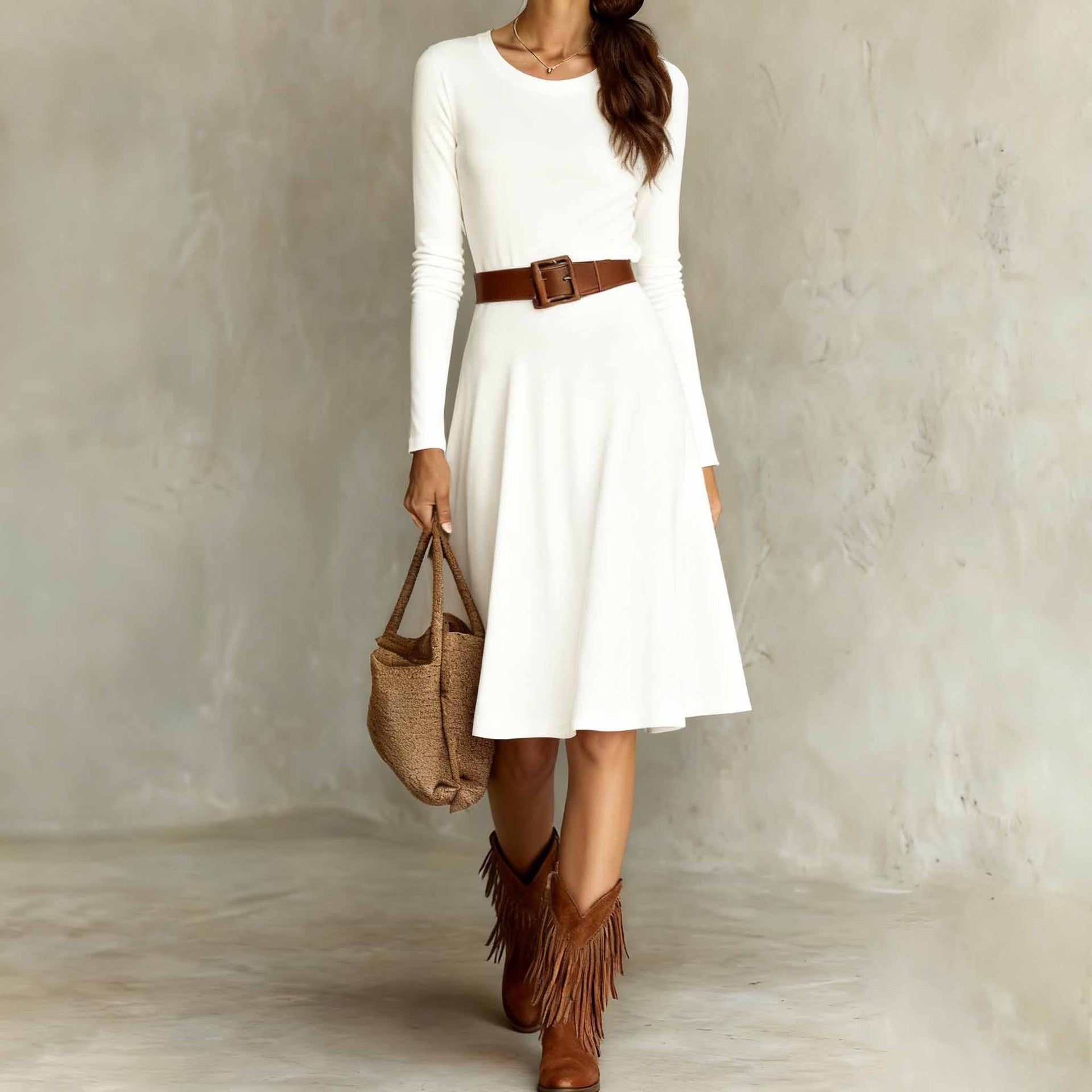 Elegante jurk met lange mouwen in westerse stijl en ronde hals Lente herfst