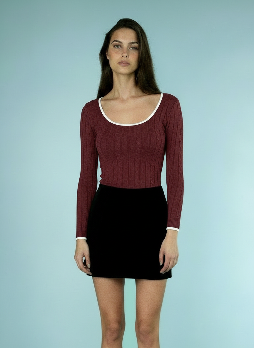 Slim-fit V-hals Trui met Contrastboord – Elegante Alledaagse Stijl