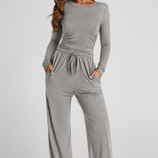 Dames Effen Kleur Casual Top En Broek Set