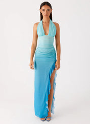 Body-hugging Halter-hals Sexy V-hals Jurk Met Ruches Zoom En Zijsplit