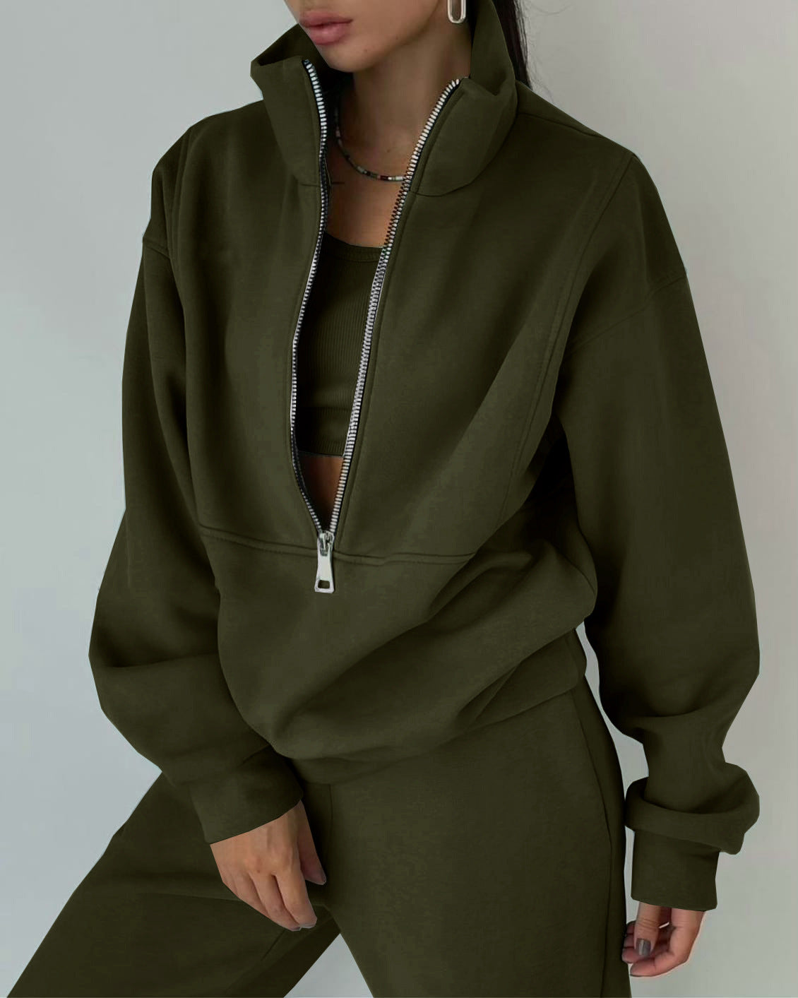 Opstaande kraag pak rits crop sportkleding sweatshirt met lange mouwen en broek