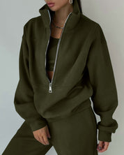 Opstaande kraag pak rits crop sportkleding sweatshirt met lange mouwen en broek