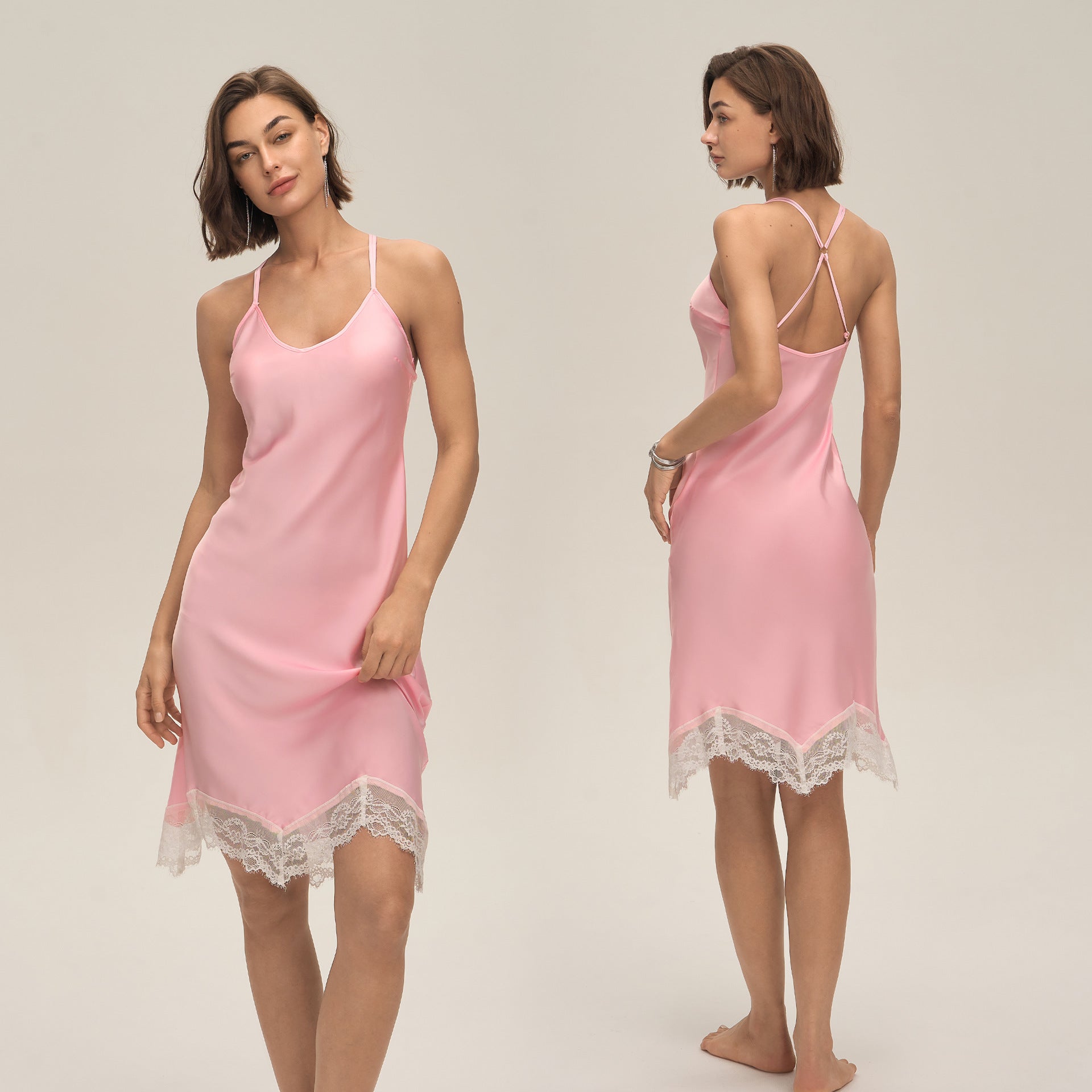 Effen kleur satijnen patchwork kant backless hemd pyjama's