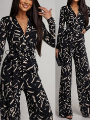 V-hals Jumpsuit met Print – Elegante Longsleeve voor Lente & Herfst