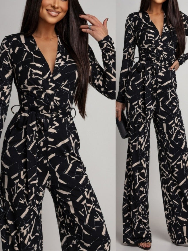 V-hals Jumpsuit met Print – Elegante Longsleeve voor Lente & Herfst