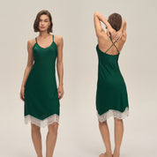 Effen kleur satijnen patchwork kant backless hemd pyjama's