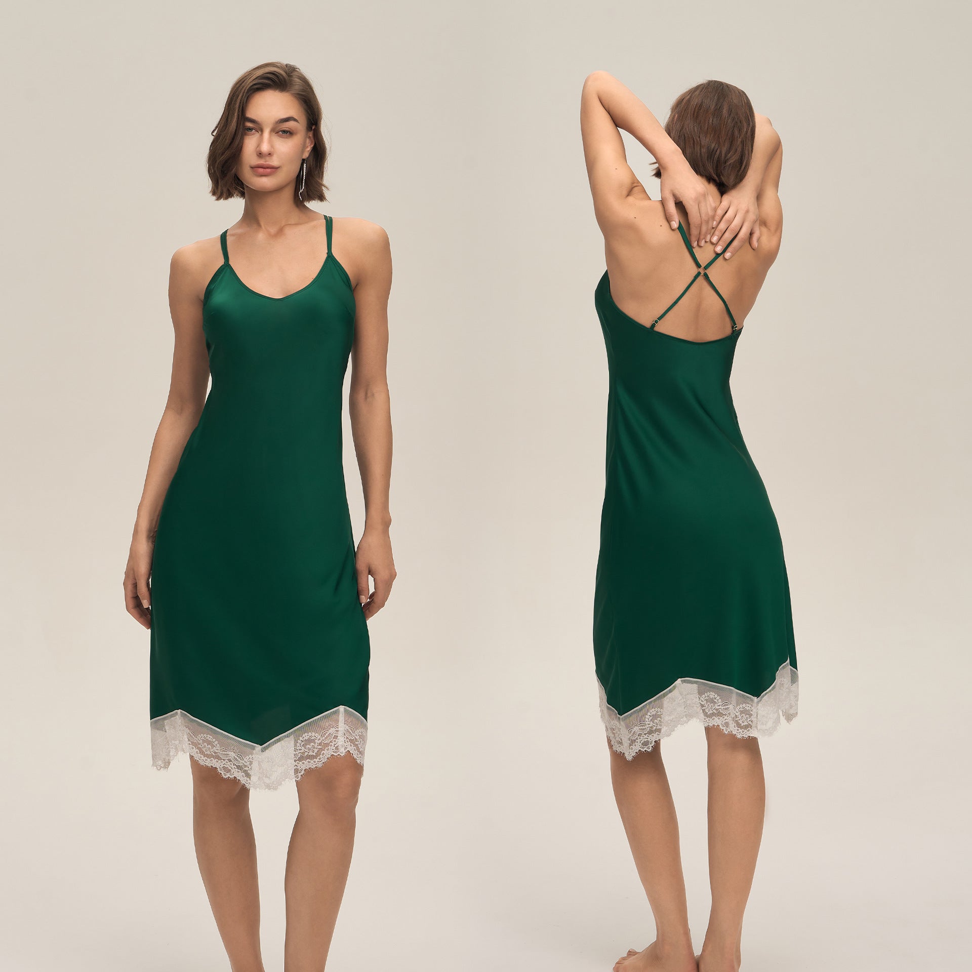 Effen kleur satijnen patchwork kant backless hemd pyjama's