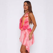 Sexy halterhals off-shoulder onregelmatige print jurk