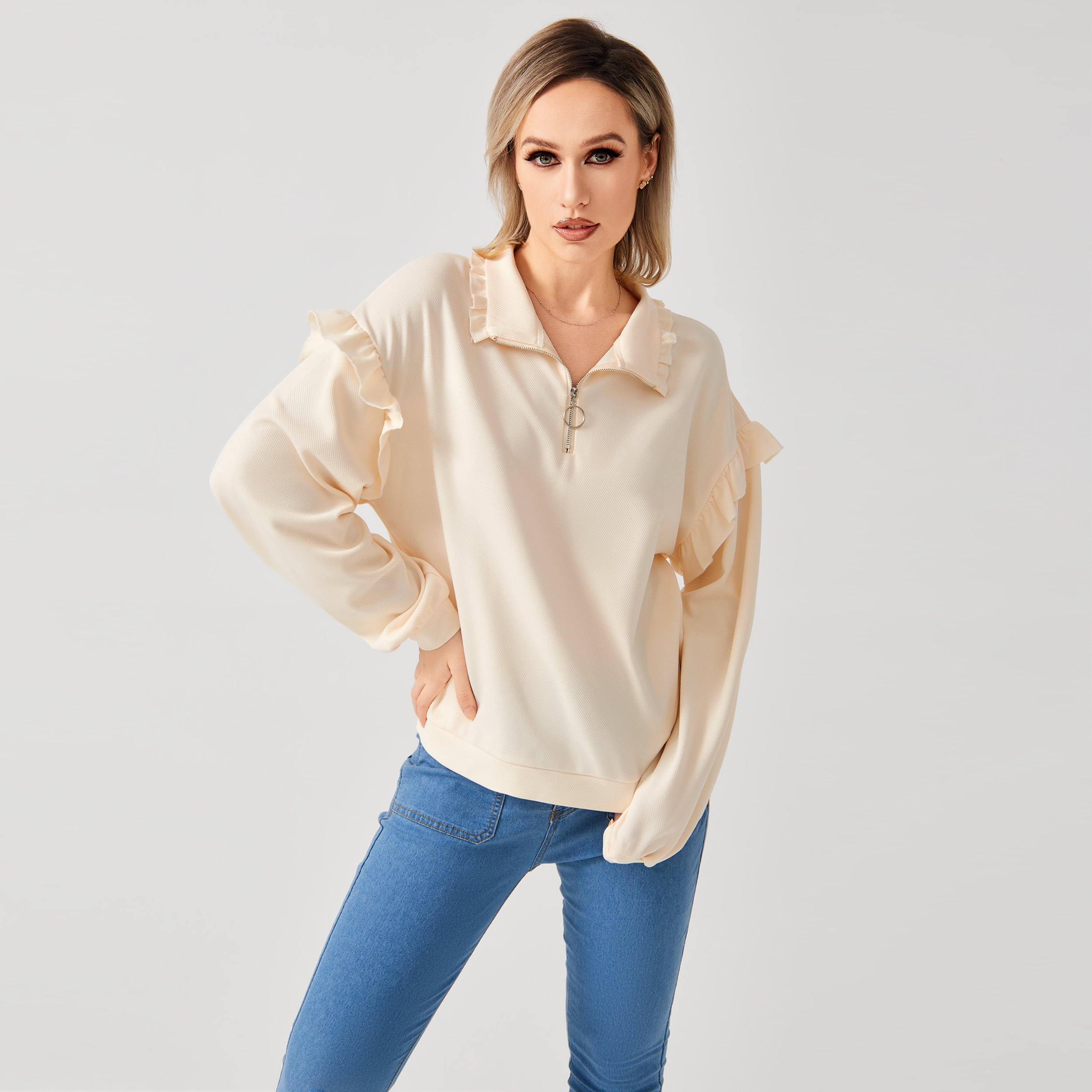 Casual sweatshirt met ruches en halve ritssluiting voor dames