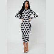 Stijlvolle bedrukte stretchy slim-fit jurk met ronde hals en lange mouwen
