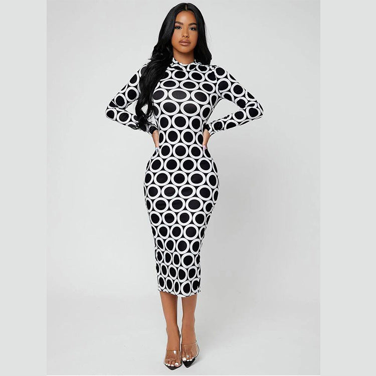 Stijlvolle bedrukte stretchy slim-fit jurk met ronde hals en lange mouwen