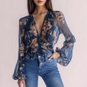 Dames strandbikini zonbeschermend chiffon bedrukt vest