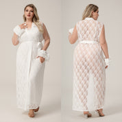 Plus Size Ice Silk Dames Lange Nachtjapon Loszittende Kanten Badjas