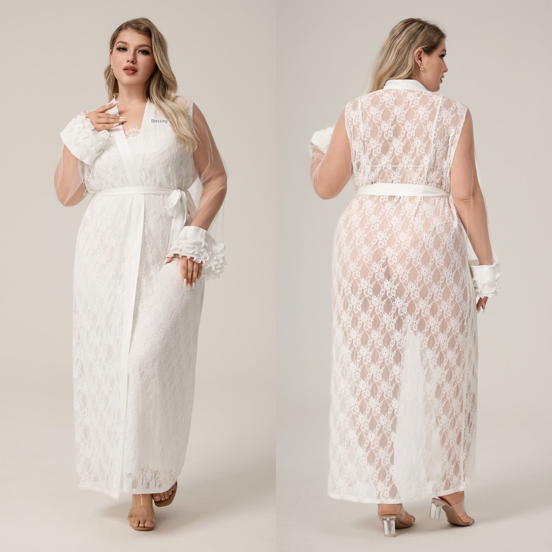 Plus Size Ice Silk Dames Lange Nachtjapon Loszittende Kanten Badjas