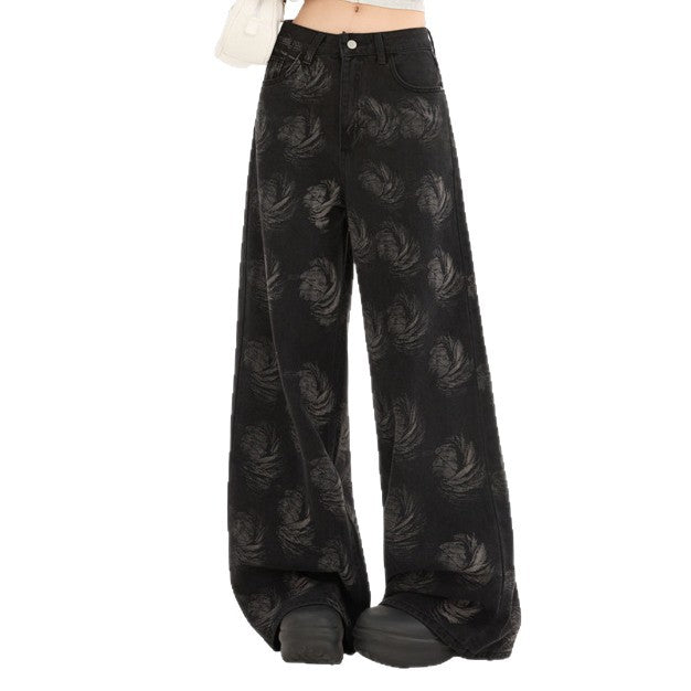 Dames loose-fit jeans met hoge taille gewassen denim met een bedrukt ontwerp