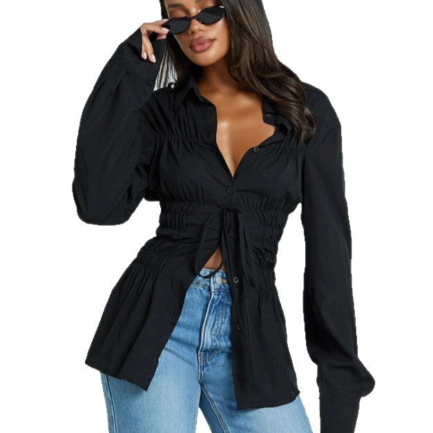 Stijlvolle elegante reversblouse voor dames met geplooide details en lange mouwen