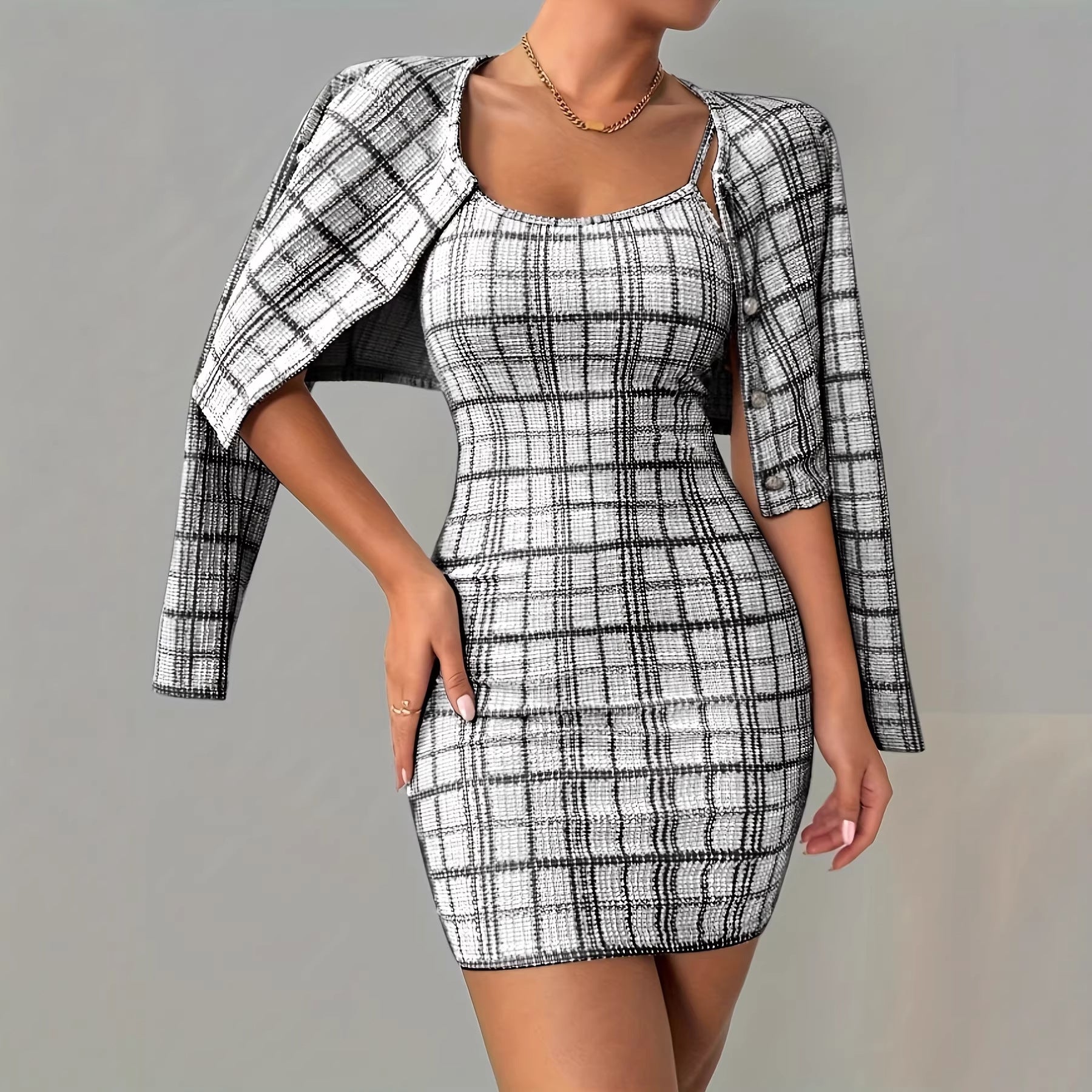 Dames geruite jas met lange mouwen en bretelrok